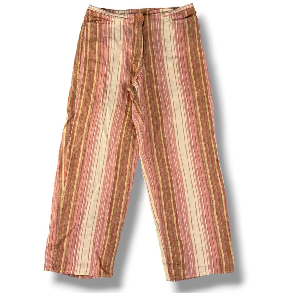 Vintage Pink Stripped 100% Linen Pants Size 6 Boho Hippie 70s Lightweight Retro